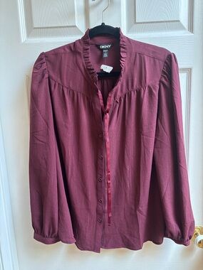 DKNY Women's Burgundy Ruffle Tie-Neck Button-Front Blouse